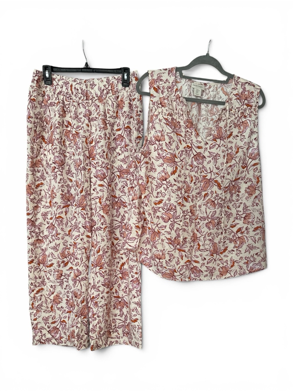 Haute Hippie Style Linen Blend Floral 2 PC Set XL Sleeveless Top Wide Leg Pants